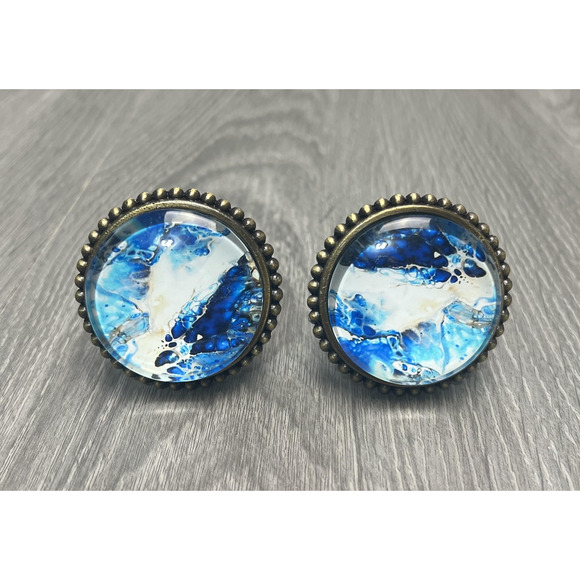 Unbranded Other - Set of 2 Round Blue White Dome Cabinet Knobs Drawer Pulls Antique Brass Marbled